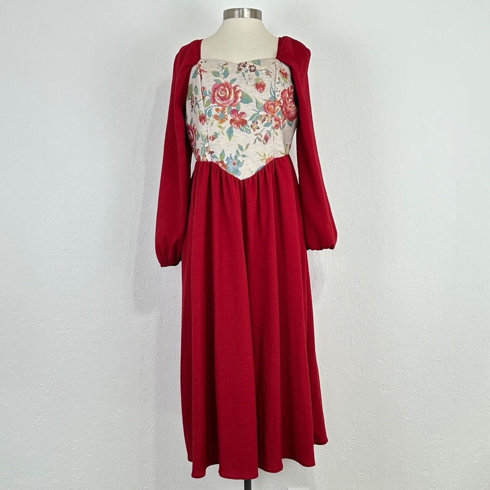 Cottagecore Milkmaid Ren Faire Dress Size XL Floral Embroidered Basque Romantic